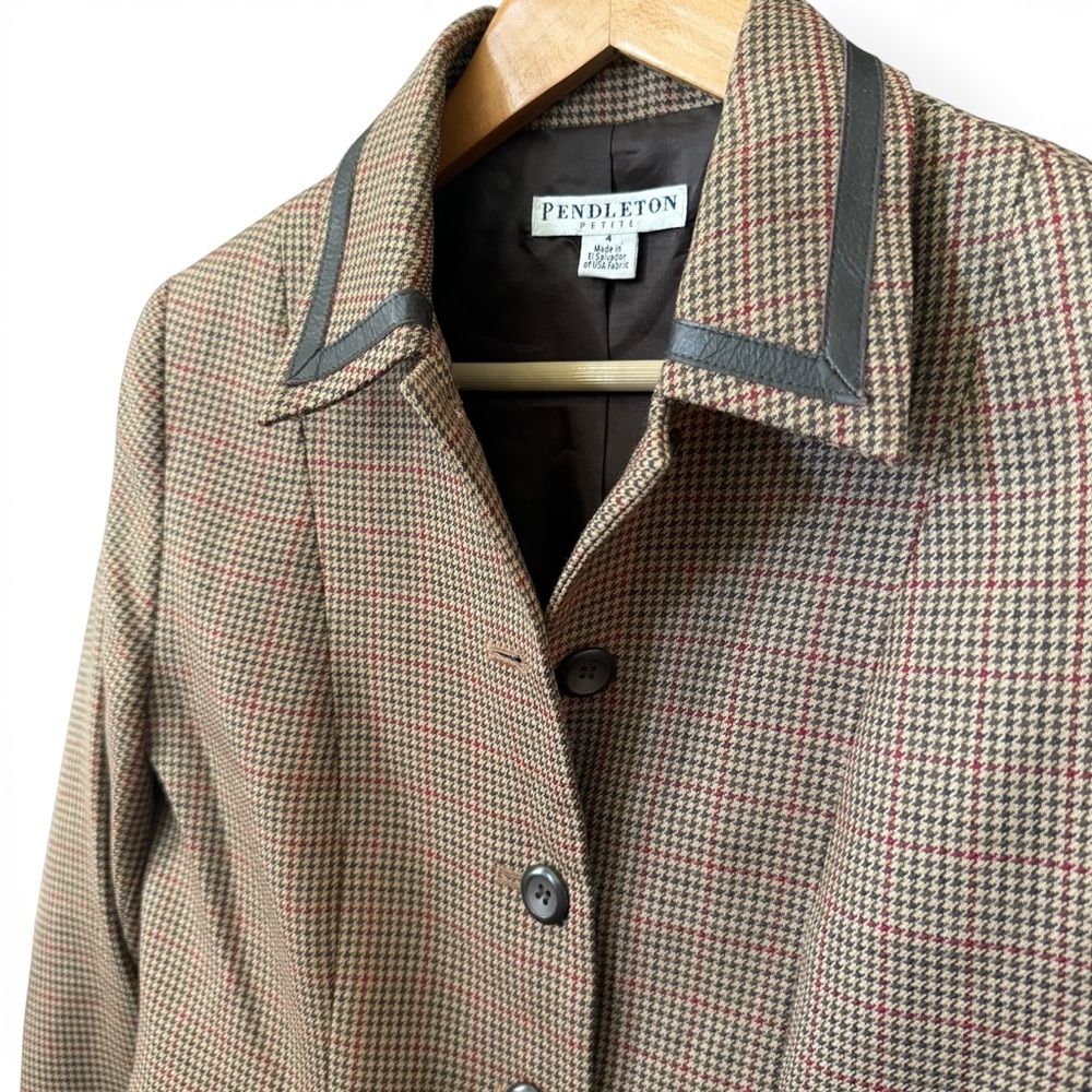 Vintage Pendleton Houndstooth Virgin Wool Leather Trim Blazer Petite Size 4 - Picture 3 of 7
